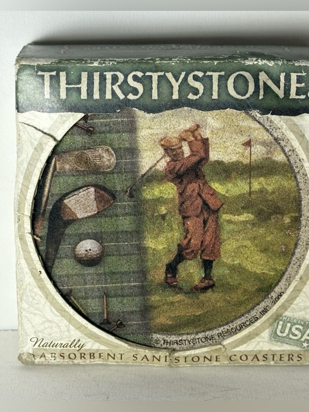 VTG 2000 Thirstystone Lot of 4 Old Time Golf Themed Coasters 4" Round Cork Back